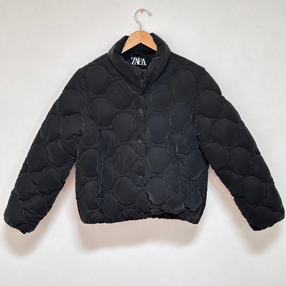 Zara Kids Quilted Puffer Jacket 13-14 Black Circle Padded Coat 164